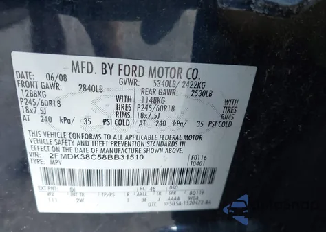 2008 Ford Edge Sel z USA, uszkodzony, nr VIN 2FMDK38C58BB31510